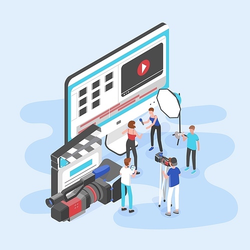 Group of people standing by giant computer display, clapperboard and camera and shooting video interview. Videography service or film production studio. Trendy colorful isometric vector illustration