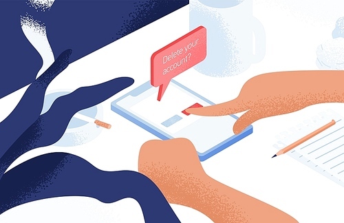 Hands deleting account or profile from social network on smartphone lying on table or desk. Concept of digital detox, information ecology, staying away from online communication. Vector illustration.
