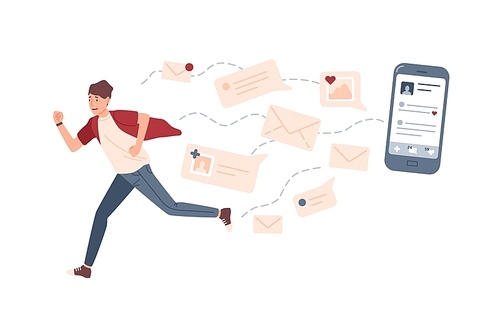 Young man running away from giant smartphone and text messages or e-mails pursuing him. Concept of person overwhelmed by internet notifications. Colorful vector illustration in flat cartoon style.