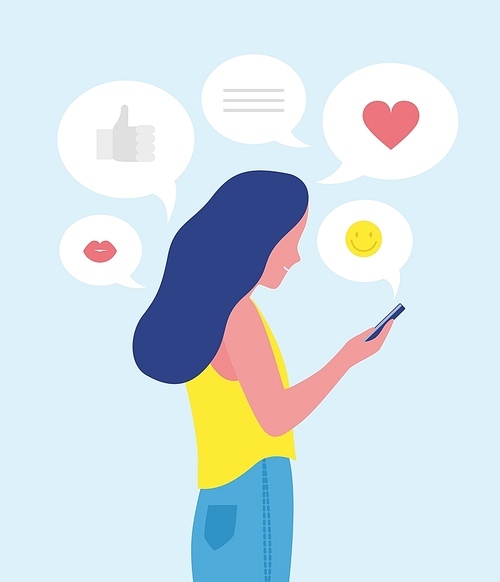 Woman or girl sending and receiving Internet messages on smartphone or texting on mobile phone. Online communication on social network and media, instant messaging. Flat cartoon vector illustration