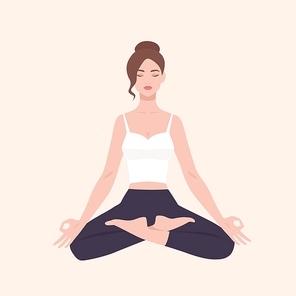 Young pretty woman performing yoga exercise. Female cartoon character sitting in lotus posture and meditating. Girl with crossed legs isolated on light background. Colorful flat vector illustration