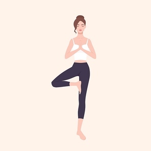 Gorgeous woman practicing Hatha yoga and zen meditation. Pretty female cartoon character standing in Tree pose and meditating. Slim yogi girl isolated on light background. Flat vector illustration