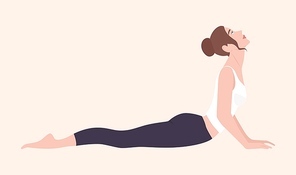 Cute young woman performing Hatha yoga exercise or backbend. Adorable female cartoon character standing in Cobra posture. Slim yogi girl isolated on light background. Flat vector illustration