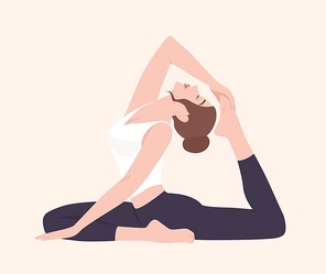 Young woman in Raja Kapotasana posture or King Pigeon Pose. Female cartoon character practicing yoga. Yogi girl performing physical activity isolated on light background. Flat vector illustration