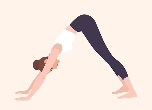 Woman in Adho Mukha Svanasana or downward-facing dog pose. Female cartoon character practicing yoga. Girl stretching during fitness workout isolated on light background. Flat vector illustration