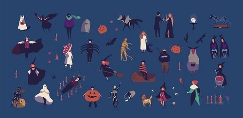 Crowd of tiny people dressed in various Halloween costumes isolated on dark background. Male and female cartoon characters at party or masquerade ball. Colorful vector illustration in flat style.