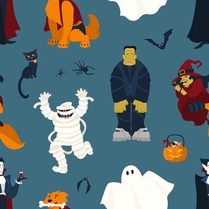 Halloween seamless pattern with funny scary magic characters on dark background - ghost, vampire, mummy, witch, black cat, Frankenstein monster, werewolf. Holiday vector illustration in flat style