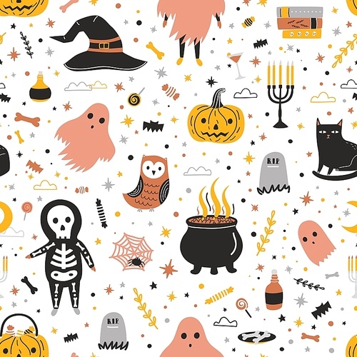 Seamless pattern with cute Halloween creatures and items on white background - Jack-o'-lantern, candies, black cat, witch pot with potion, spider web. Flat vector illustration for holiday celebration