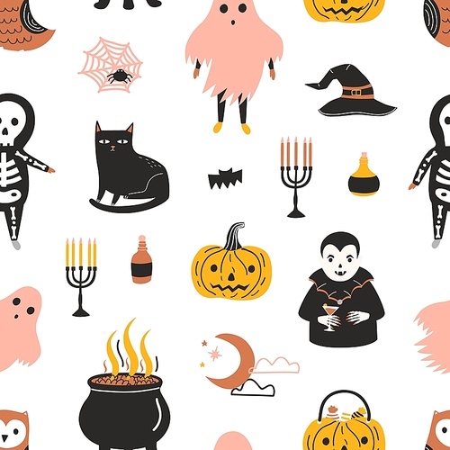 Halloween seamless pattern with scary and spooky magic fairytale characters on white background - ghost, skeleton, vampire, Jack-o -lantern. Flat cartoon vector illustration for wrapping paper