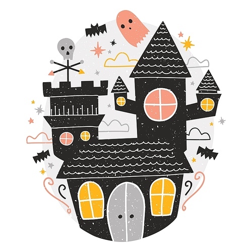 Mysterious haunted castle, cute funny scary ghosts and bats flying around against starry night sky on background. Creepy scene. Colorful vector illustration in flat cartoon style for Halloween