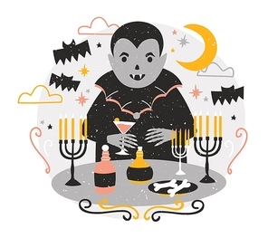 Adorable Dracula or funny vampire standing at table with candles in candlesticks, drinking blood from wineglass and celebrating Halloween against night sky on background. Flat vector illustration