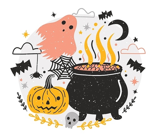 Halloween composition with witch pot full of potion, Jack-o'-lantern pumpkin, ghost against night sky, spiders and flying bats on background. Holiday vector illustration in flat cartoon style