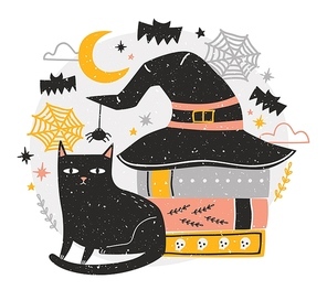 Decorative Halloween composition with cute black cat sitting beside stack of antique books covered by witch hat against night sky, spiders and flying bats on background. Holiday vector illustration