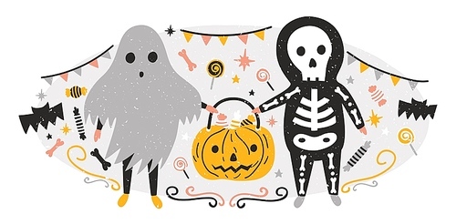 Halloween composition with funny spooky ghost and skeleton holding Jack-o'-lantern full of candies. Scene with creepy fairytale characters. Trick or treat. Holiday flat cartoon vector illustration