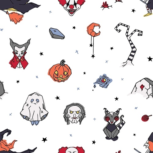Halloween seamless pattern with creepy and spooky characters hand drawn on white background - ghost, clown, vampire, witch, Jack-o'-lantern. Vector illustration in doodle style for wrapping paper