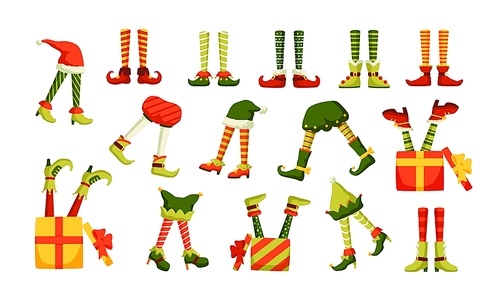 Bundle of legs of Christmas elves sticking out of hats and gift boxes isolated on white . Set of funny holiday design elements. Colorful festive vector illustration in flat cartoon style