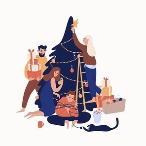 Cute smiling people decorating Christmas tree with baubles and garlands. Happy family or group of friends preparing for holiday celebration. Colorful vector illustration in flat cartoon style.