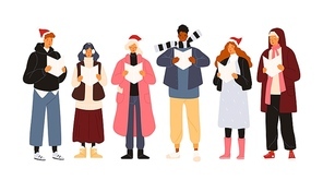 Choir or group of cute men and woman dressed in outerwear singing Christmas carol, song or hymn. Smiling street singers or carolers isolated on white background. Holiday flat vector illustration