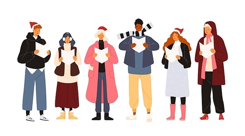 Choir or group of cute men and woman dressed in outerwear singing Christmas carol, song or hymn. Smiling street singers or carolers isolated on white . Holiday flat vector illustration