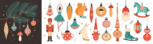 Collection of beautiful baubles and decorations for Christmas tree. Set of holiday ornaments. Figures of animals, Santa Claus, nutcracker, ballerina. Colored vector illustration in flat cartoon style