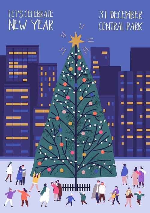 Flyer or poster template with decorated Christmas tree and tiny people walking nearby on city square. Modern vector illustration in flat style for outdoor New Year party advertising, event promotion