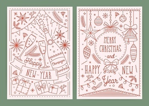 Collection of Christmas and New Year postcard templates with festive decorations drawn in line art style - bells, baubles, champagne bottle and glasses, light garlands. Monochrome vector illustration