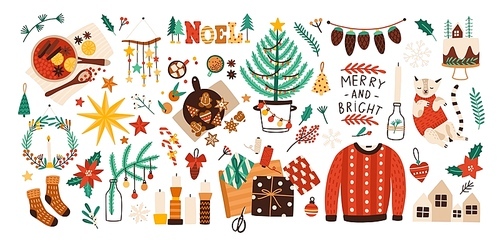 Collection of Christmas decorations, holiday gifts, winter knitted woolen clothes, mulled wine and ginger bread isolated on white . Colorful vector illustration in flat cartoon style.