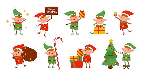 Collection of Christmas elves isolated on white . Bundle of little Santa's helpers holding holiday gifts and decorations. Set of adorable cartoon characters. Flat vector illustration.