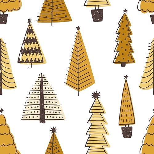 Holiday seamless pattern with different Christmas trees, pines or spruces on white background. Decorative backdrop with coniferous forest or wood. Colored vector illustration in doodle style.