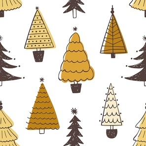 Festive seamless pattern with various Christmas trees, firs or spruces on white background. Colored backdrop with winter coniferous forest or woodland. Naive vector illustration in doodle style.