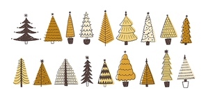 Set of various firs, pines or spruces decorated with baubles. Bundle of winter coniferous forest Christmas trees isolated on white background. Colored holiday vector illustration in doodle style.