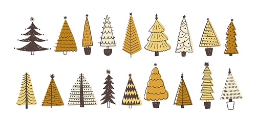 Set of various firs, pines or spruces decorated with baubles. Bundle of winter coniferous forest Christmas trees isolated on white . Colored holiday vector illustration in doodle style.