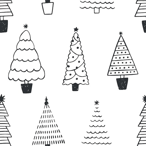 Seamless pattern with different Christmas trees or spruces drawn with black contour lines on white background. Backdrop with coniferous forest or wood. Monochrome vector illustration in doodle style.