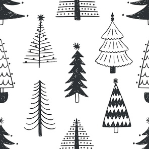 Seamless pattern with various Christmas trees, firs or spruces drawn with outlines on white background. Backdrop with winter coniferous forest or woodland. Naive vector illustration in doodle style.