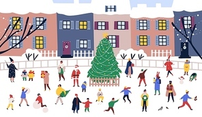 Men and women walking around big Christmas tree on street against city buildings on background. Adults and children performing outdoor activities on town square. Flat cartoon vector illustration