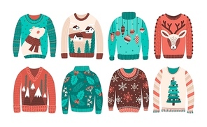 Bundle of ugly Christmas sweaters or jumpers isolated on white background. Set of seasonal knitted warm winter clothing with weird prints. Colorful vector illustration in flat cartoon style.