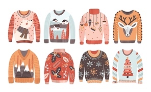Set of ugly Christmas sweaters or jumpers isolated on white background. Collection of winter holiday knitted clothes with bizarre prints and pattern. Colored vector illustration in flat cartoon style.