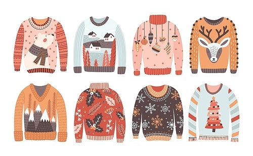Set of ugly Christmas sweaters or jumpers isolated on white . Collection of winter holiday knitted clothes with bizarre prints and pattern. Colored vector illustration in flat cartoon style.