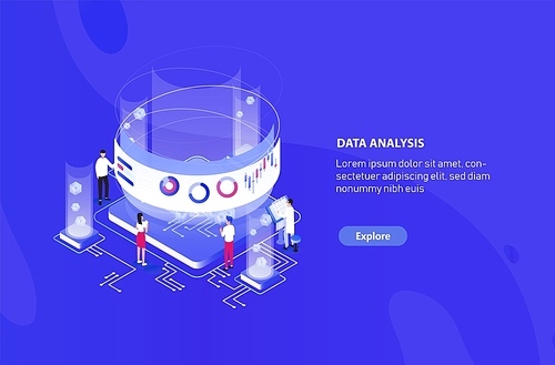Creative web banner template with tiny people standing around giant integral circuit, charts, diagrams and graphs on virtual screen. Big data analysis, statistical analytics. Vector illustration