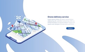 Web banner template with drone carrying box and flying above city map and giant smartphone. Delivery service with automated quadrotor, modern electronic device. Isometric vector illustration