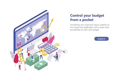 Web banner template with tiny people walking near computer with app for budget planning, sitting on money bills, carrying receipt. Concept of financial administration. Isometric vector illustration.