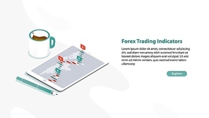 Web banner template with tablet PC and foreign exchange market rate graph or Forex trading indicators on screen, pen, cup of coffee. Isometric vector illustration for advertisement of app for traders