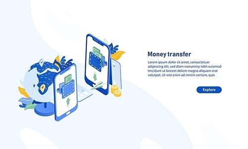 Horizontal web banner template with pair of smartphones, globe, flying paper plane and place for text. Secure and fast international electronic money transfer service. Isometric vector illustration.