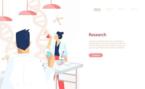 Web banner template with pair of scientists wearing white coats conducting experiments and scientific research in science laboratory. Vector illustration for medical lab service advertisement