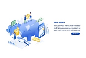 Web page or banner template with pair of people standing on giant piggy bank and holding coin, smartphone. Money saving and personal finance depositing. Modern colorful isometric vector illustration.