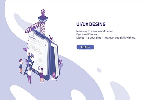 Horizontal web banner template with group of tiny people creating application design on giant tablet PC. User interface and experience engineering. Colorful modern isometric vector illustration.