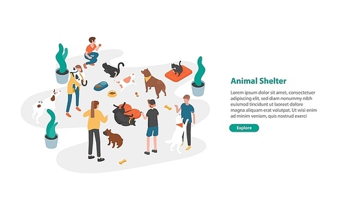 Web banner template with people or volunteers feeding pets and playing with them in animal shelter, pound, rehabilitation or adoption center for cats and dogs. Colorful isometric vector illustration