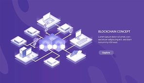 Horizontal banner template with computers connected into blockchain formation or Bitcoin network and place for text. Isometric vector illustration for cryptocurrency service internet advertisement.