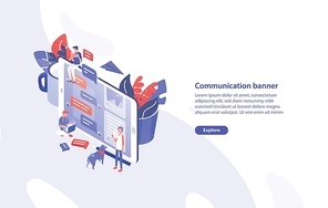 Web banner template with giant smartphone, tiny people around it and place for text. Communication, instant messaging, messengers and social networks. Creative isometric vector illustration
