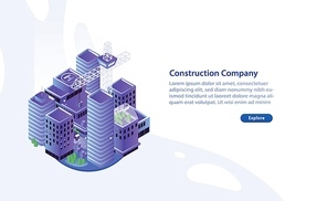 Trendy horizontal web banner template with modern buildings or skyscrapers, crane and place for text. Construction company service promotion or advertisement. Colorful modern vector illustration
